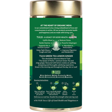 A TATA Product - Organic India Tulsi Green Tea Lemon Ginger - 100g Tin Container, Herbal Blend with Green Tea, Tulsi, Lemon & Ginger, Supports Digestion, Refreshing Taste, Natural Ingredients